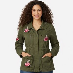Charlotte Russe utility jacket olive green boho floral‎ embroidery women's Small